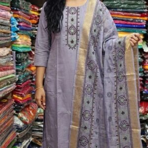 Lavender Embroidered Kurti Pant Set with Printed Dupatta