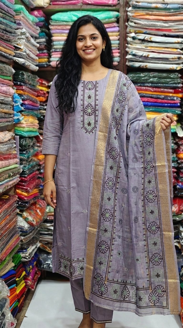Lavender Embroidered Kurti Pant Set with Printed Dupatta