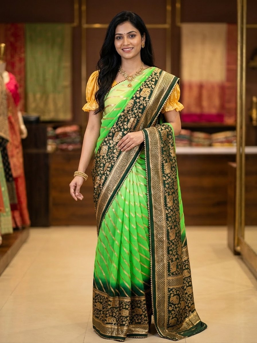 Green Golden Leheriya Saree for Women | Banarasi Border Designer Saree | Elegant Party Wear Traditional Saree