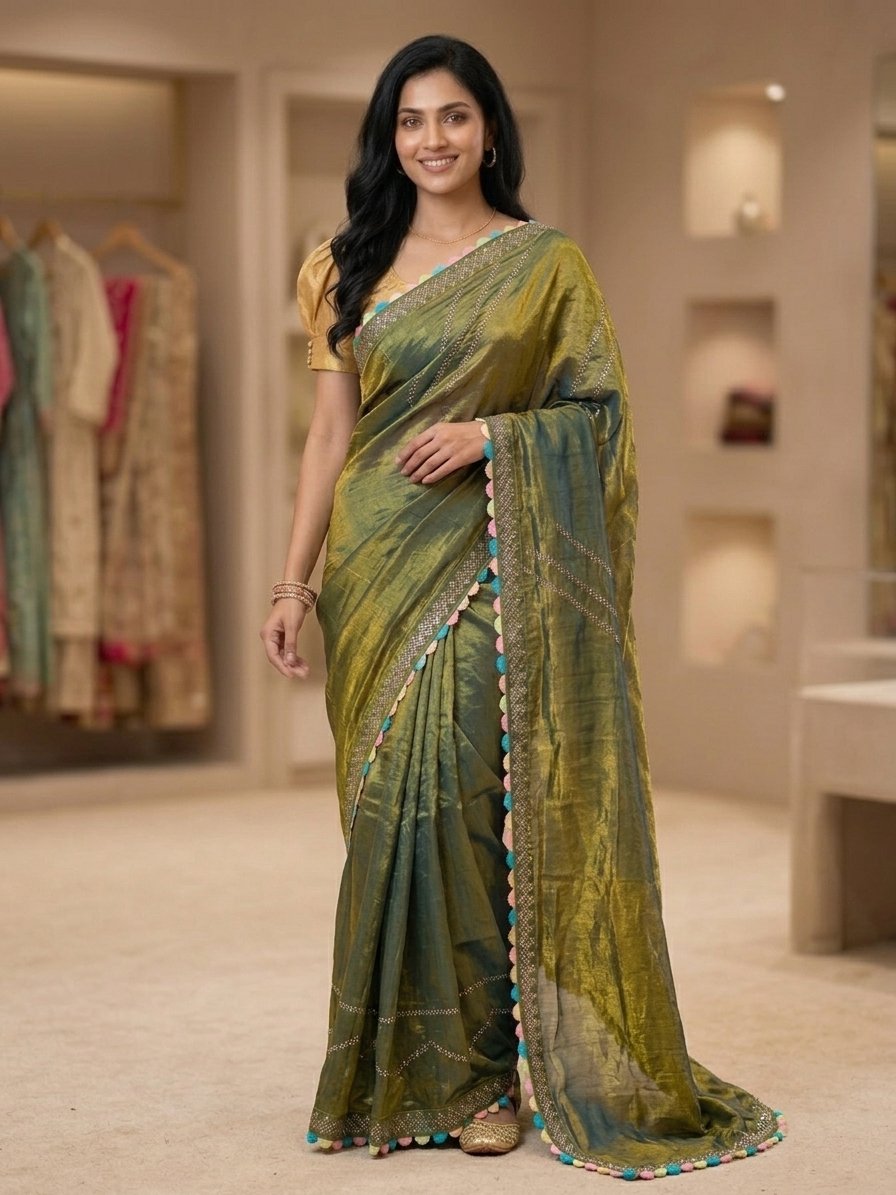 Olive Green Fendy Fabric Saree with Golden Stone Work | Rainbow Border Designer Saree | Elegant Party Wear Saree for Women