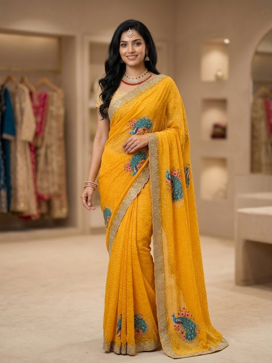 Mustard Yellow Soft Fabric Saree for Women | Peacock Print & Stone Work Designer Saree | Elegant Party Wear & Festive Saree