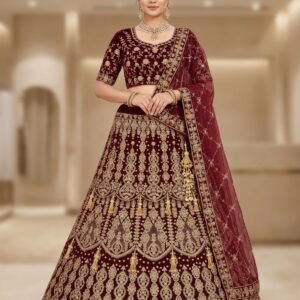 Maroon embroidered wedding lehenga with gold floral and paisley embroidery