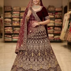maroon floral embroidered lehenga with golden embroidery