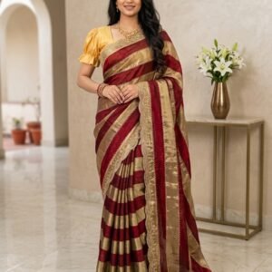 Maroon golden Fendy saree with silver stone work