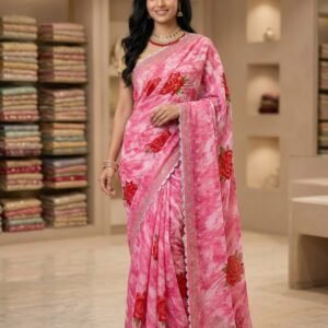 Pink printed saree with stone work border
