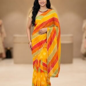 Yellow multicolour Bandhani printed georgette saree with stone work