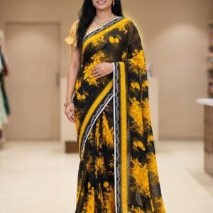 Black and yellow floral printed saree with white lace border and silver stone work