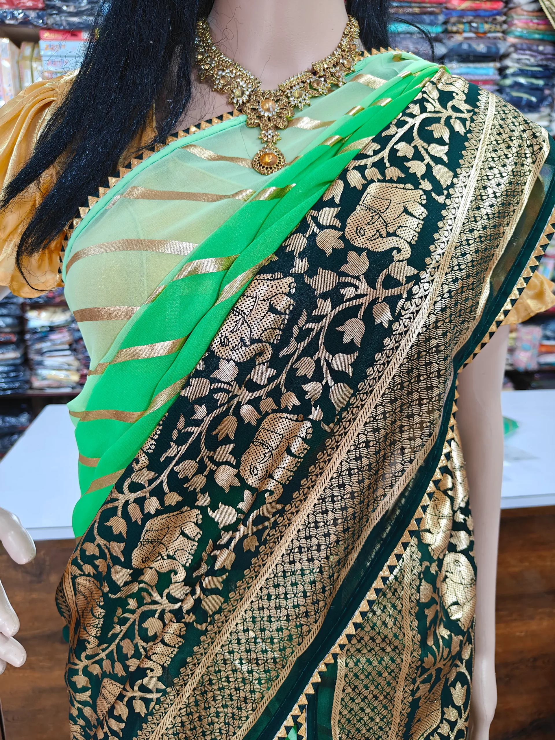 Green Golden Leheriya Saree for Women | Banarasi Border Designer Saree | Elegant Party Wear Traditional Saree - Image 2