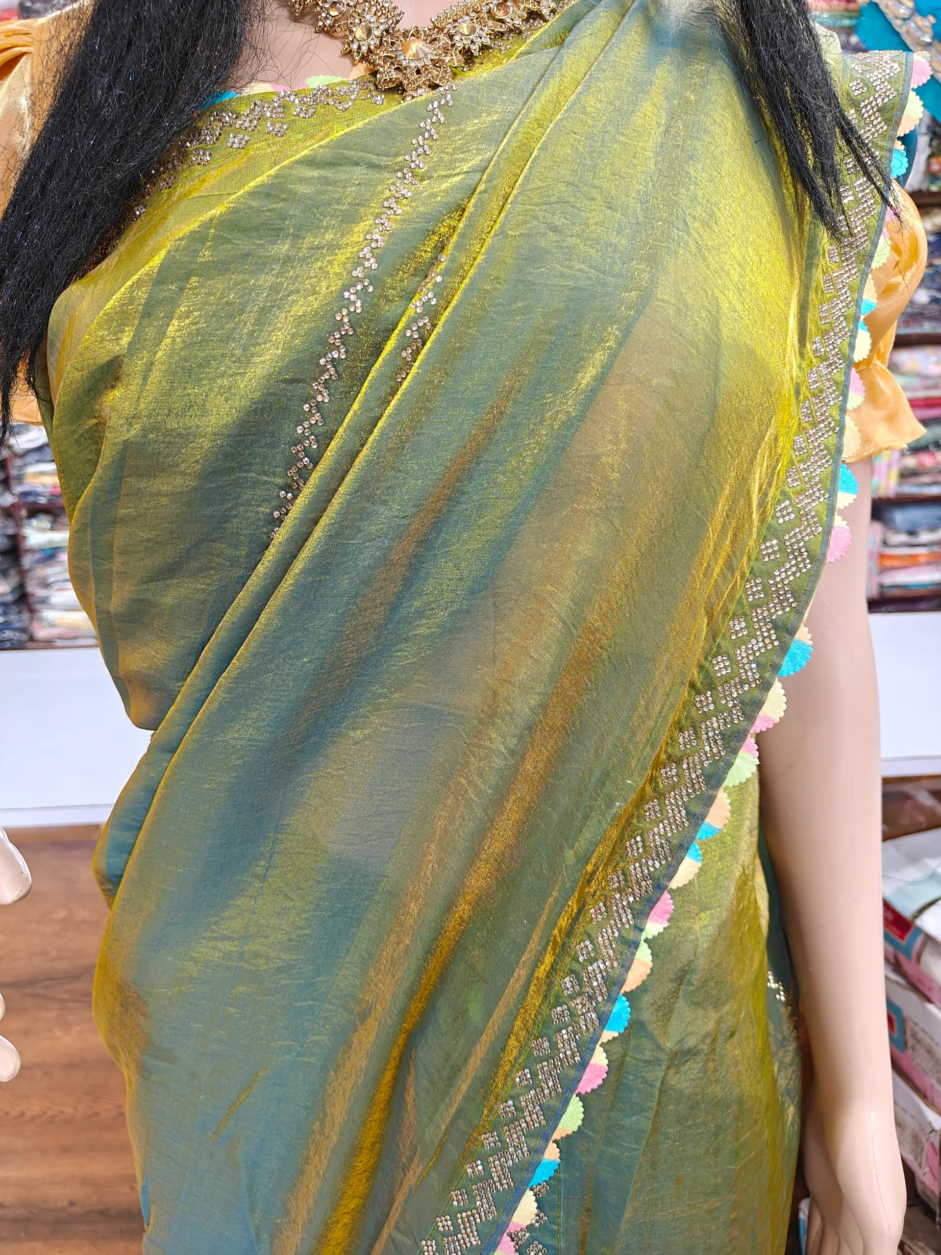 Olive Green Fendy Fabric Saree with Golden Stone Work | Rainbow Border Designer Saree | Elegant Party Wear Saree for Women - Image 4