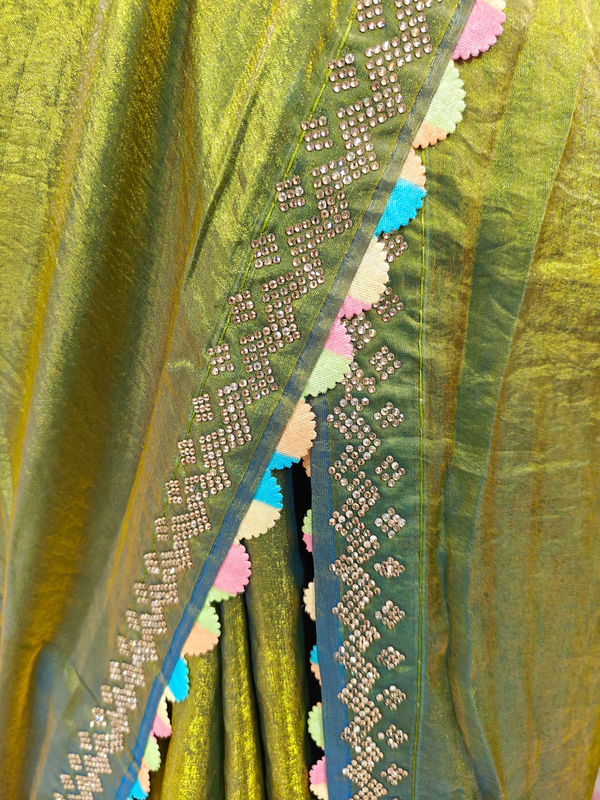Olive Green Fendy Fabric Saree with Golden Stone Work | Rainbow Border Designer Saree | Elegant Party Wear Saree for Women - Image 5