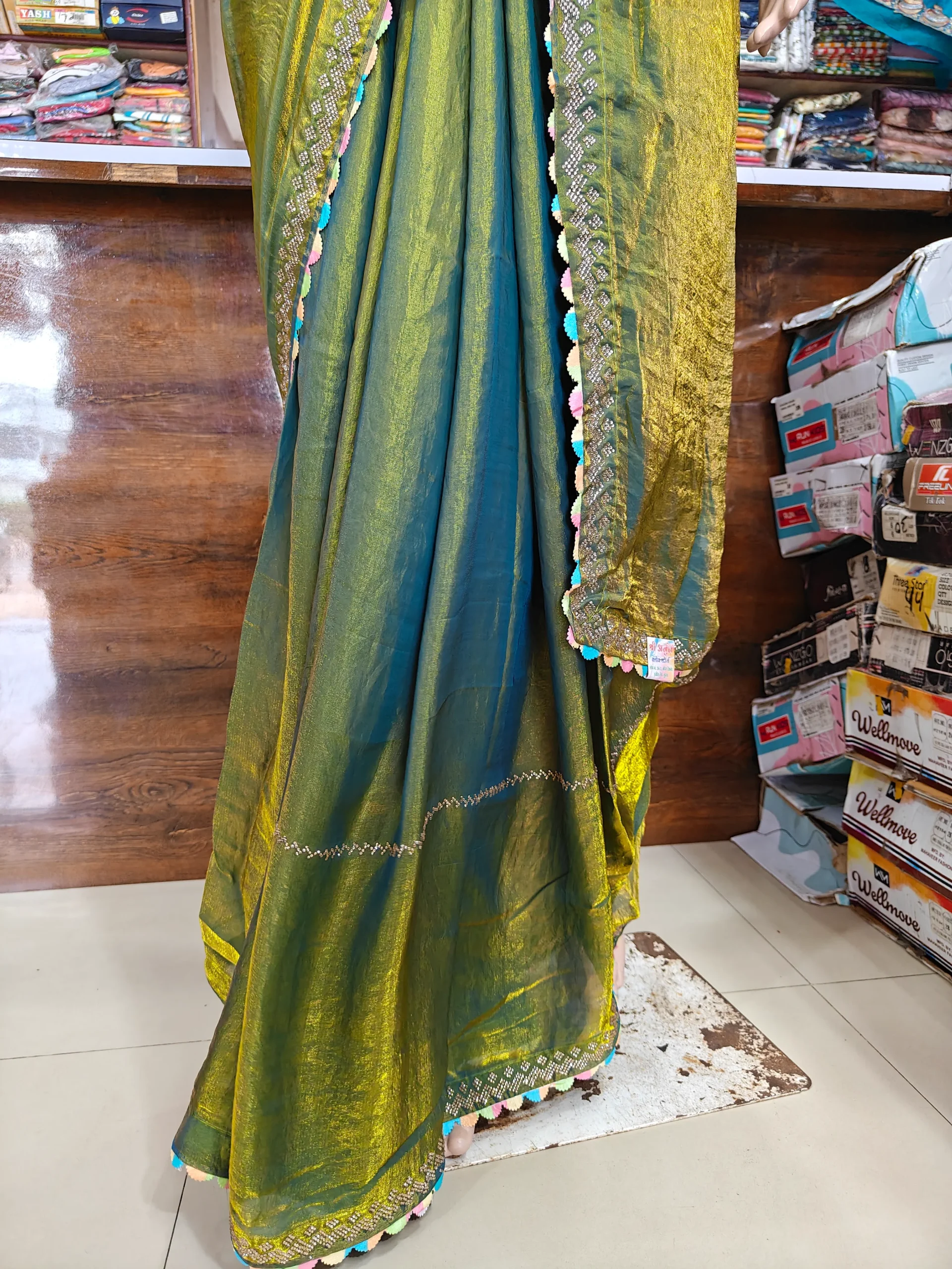 Olive Green Fendy Fabric Saree with Golden Stone Work | Rainbow Border Designer Saree | Elegant Party Wear Saree for Women - Image 3