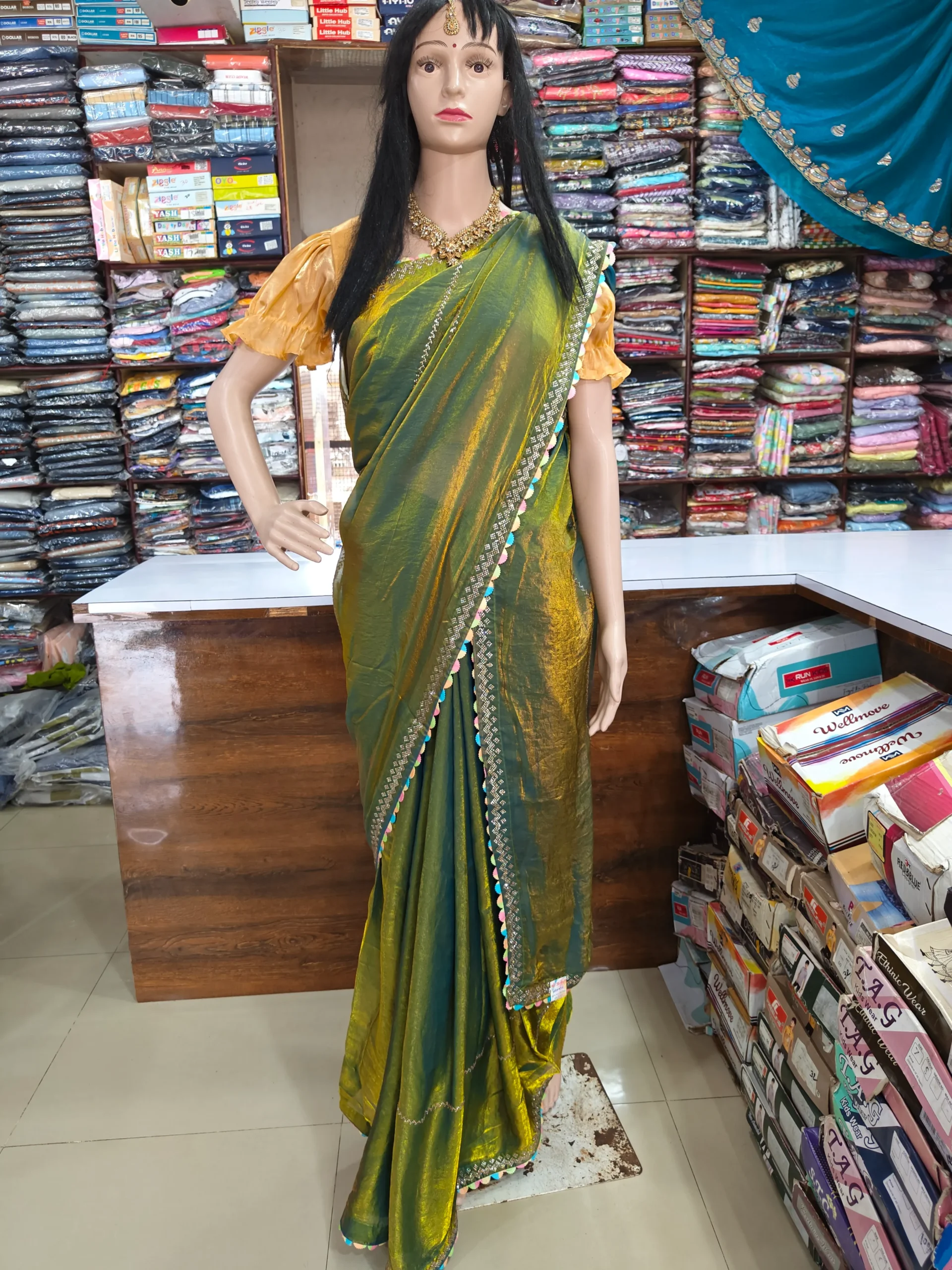 Olive Green Fendy Fabric Saree with Golden Stone Work | Rainbow Border Designer Saree | Elegant Party Wear Saree for Women - Image 2