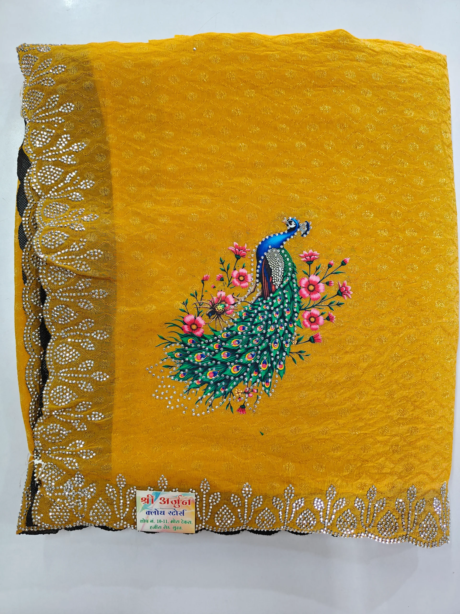 Mustard Yellow Soft Fabric Saree for Women | Peacock Print & Stone Work Designer Saree | Elegant Party Wear & Festive Saree - Image 8