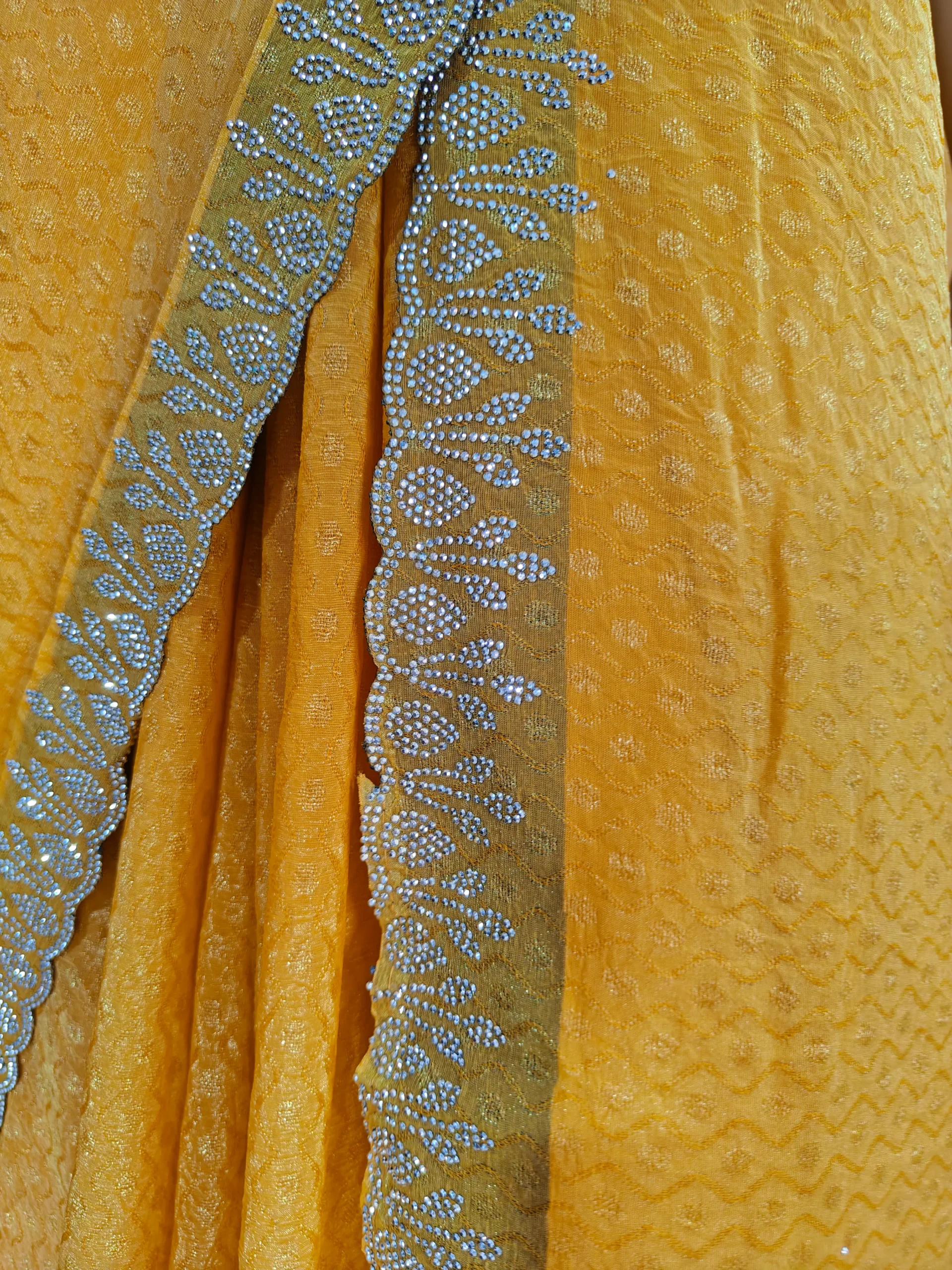 Mustard Yellow Soft Fabric Saree for Women | Peacock Print & Stone Work Designer Saree | Elegant Party Wear & Festive Saree - Image 5