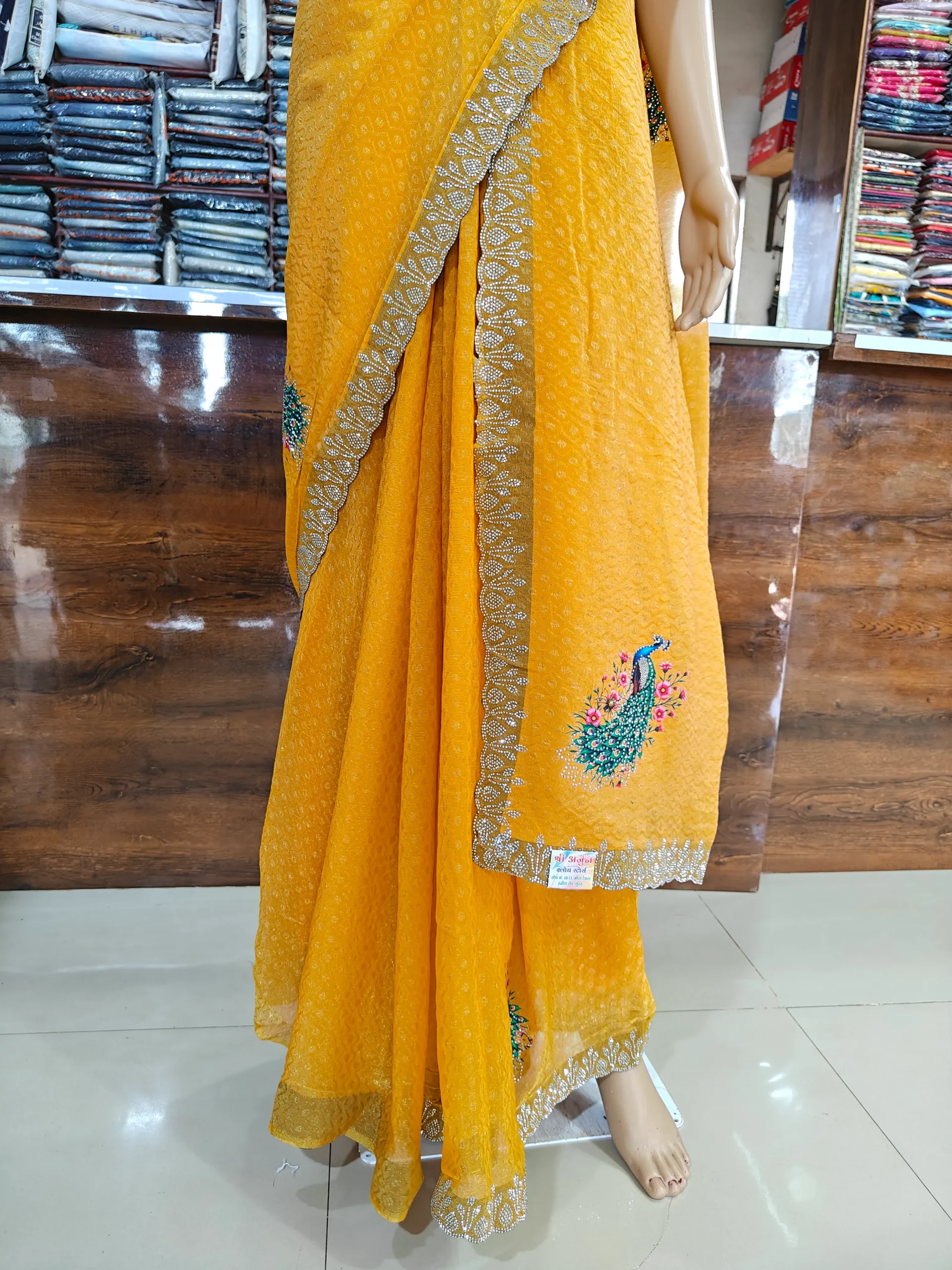 Mustard Yellow Soft Fabric Saree for Women | Peacock Print & Stone Work Designer Saree | Elegant Party Wear & Festive Saree - Image 4
