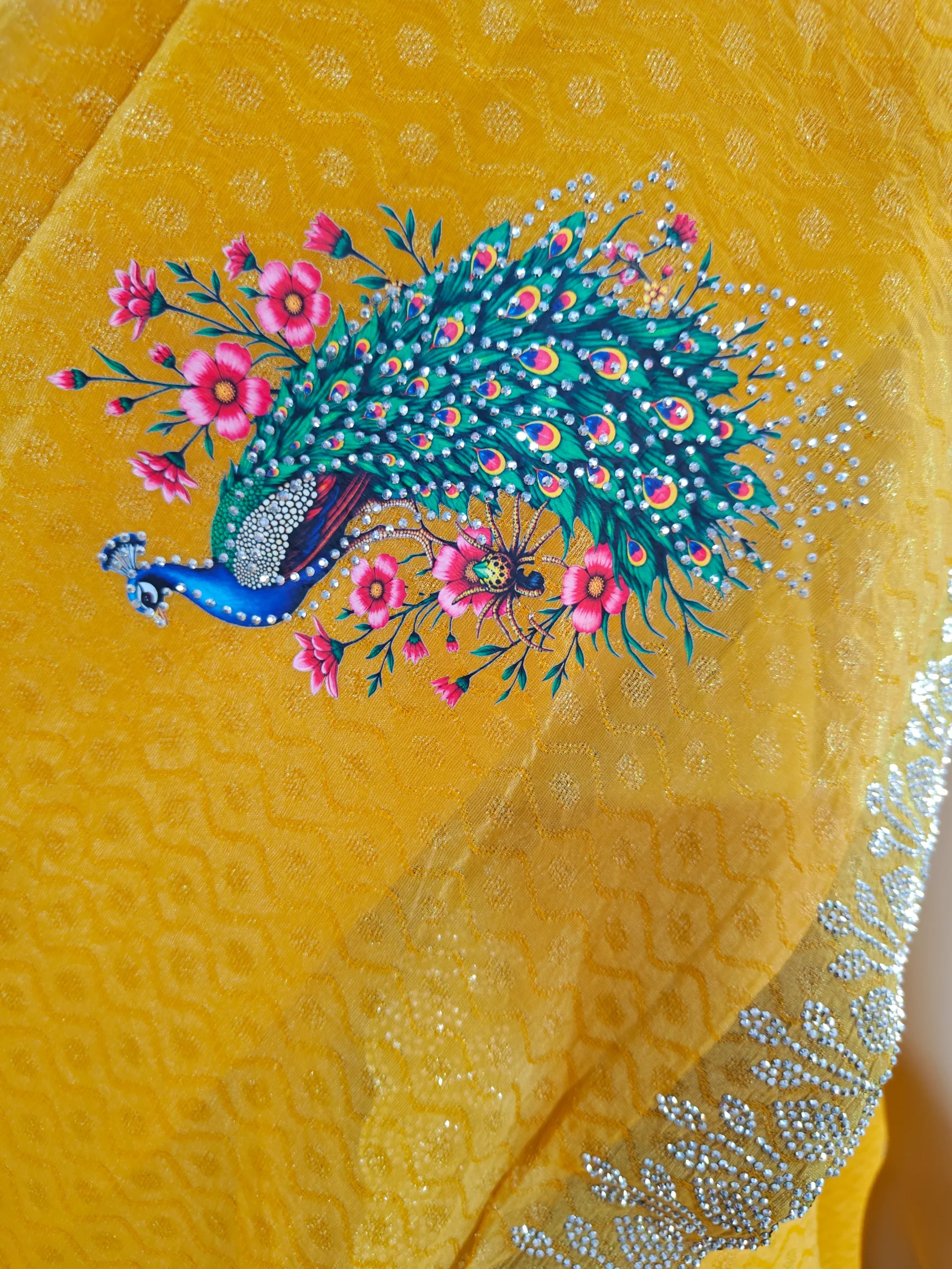 Mustard Yellow Soft Fabric Saree for Women | Peacock Print & Stone Work Designer Saree | Elegant Party Wear & Festive Saree - Image 2