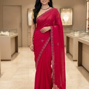 Rani pink satin saree with golden stone work and leaf design border