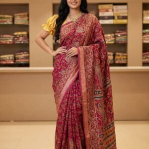 Pink brasso saree with peacock design and stone work embellishments