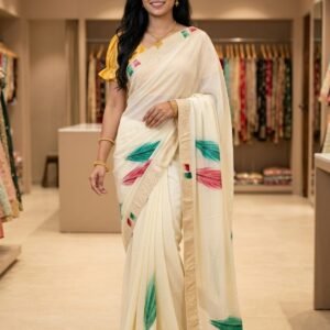 Off white stone work saree with green and red brush print motifs