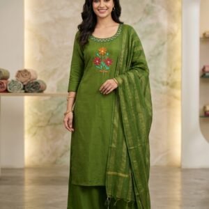 Dark green embroidered kurti plazo set with mirror work neckline and zari dupatta