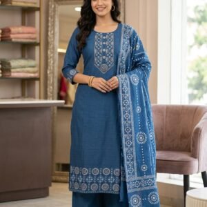 Navy blue embroidered kurti pant set with sequin work and printed dupatta