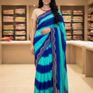 Dual blue Leheriya saree with golden stone work
