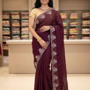 Purple satin chiffon saree with shining stone work