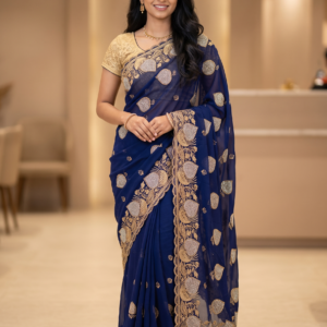 Navy blue saree with golden zari leaf embroidery and stone work