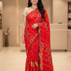 Red Bandhani printed saree with multicolour floral motifs and stone work