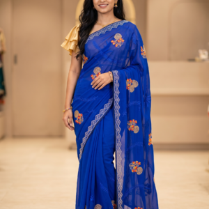 Royal blue saree with silver stone work border and floral embroidery