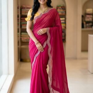 Rani pink satin chiffon saree with floral stone work border